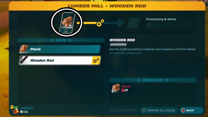 fortnite lego lumber mill input wood menu option circled