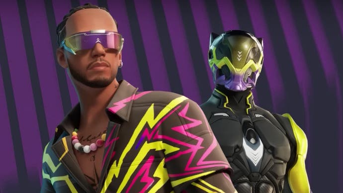 A promotional image showing Lewis Hamilton's Fortnite skin and superhero-like alternative outfit.
