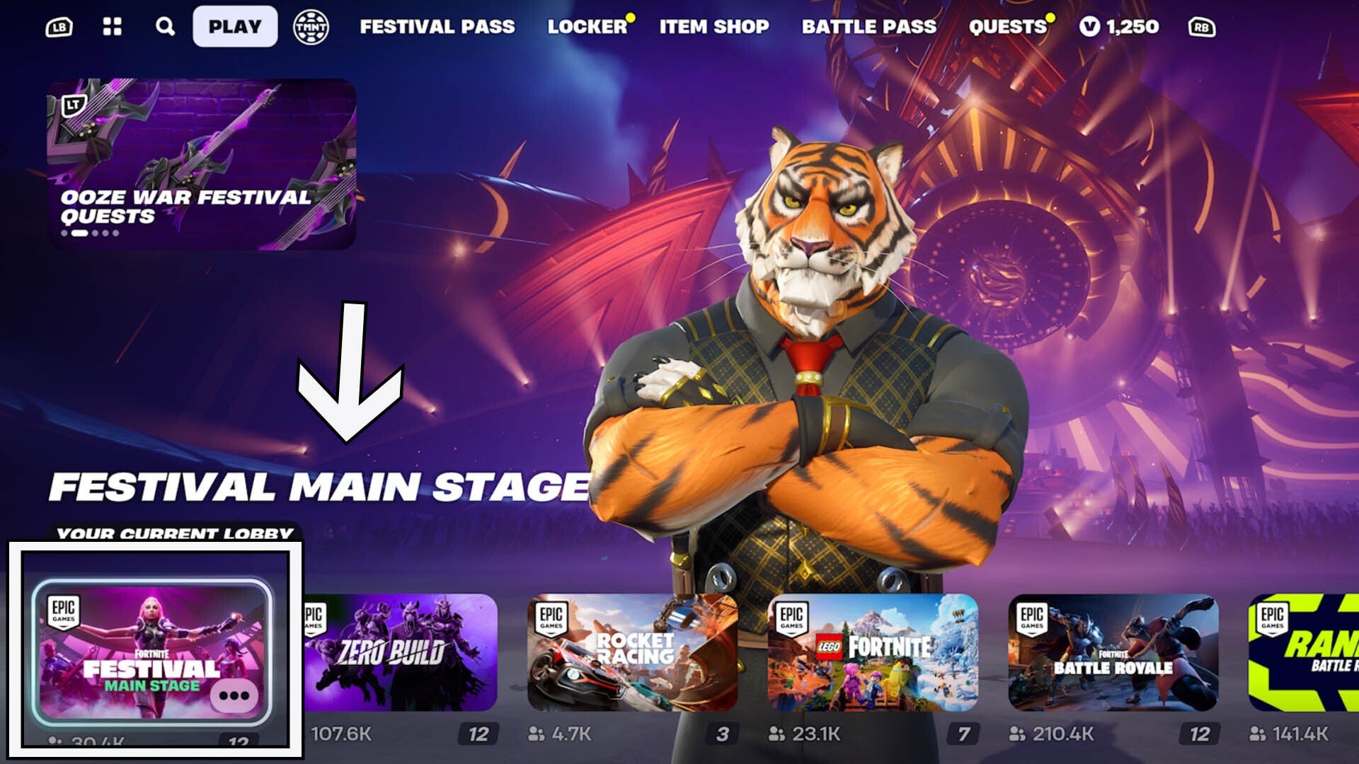 fortnite lobby screen pointing to festival main stage mode