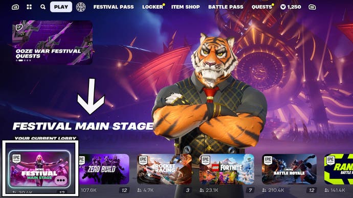 fortnite lobby screen pointing to festival main stage mode