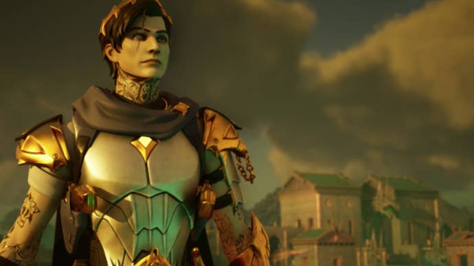 Fortnite midas character covered in gold pieces standing looking out at the sky.