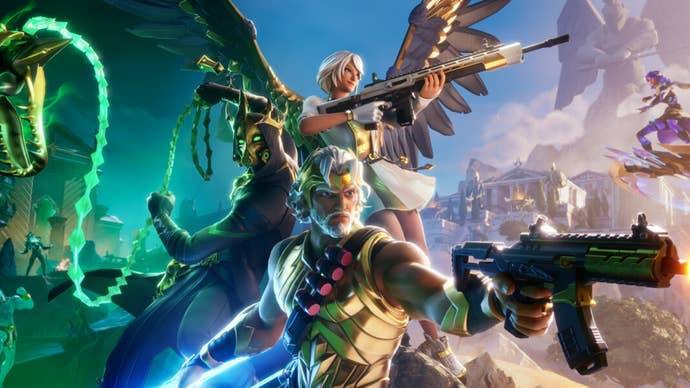 Artwork for Fortnite’s Chapter 5 Season 2: Myths & Mortals, showing gods wielding guns