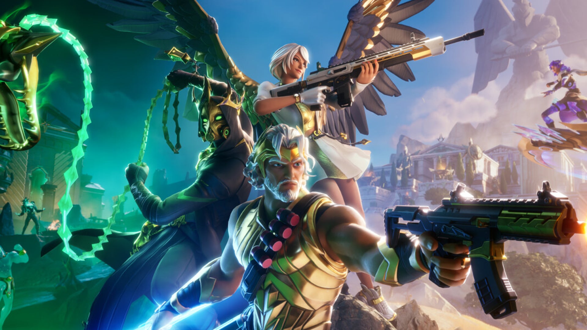 Artwork for Fortnite's Chapter 5 Season 2: Myths & Mortals, showing gods wielding guns - 1