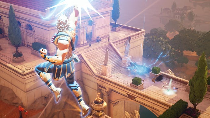 Zeus leaps into the air to zap enemies with lightning in Fortnite's Chapter 5 Season 2: Myths & Mortals