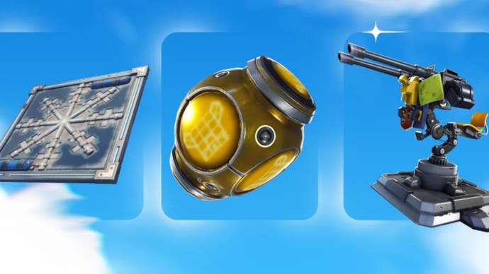 fortnite official epic games art showing (from left to right) chiller trap, port-a-fortress and mounted turrets.
