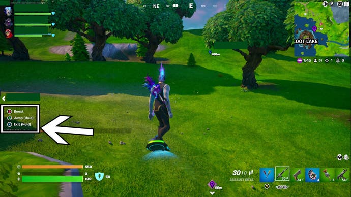 fortnite og hoverboard controls highlighted on left of screen while character in middle is on a hoverboard.