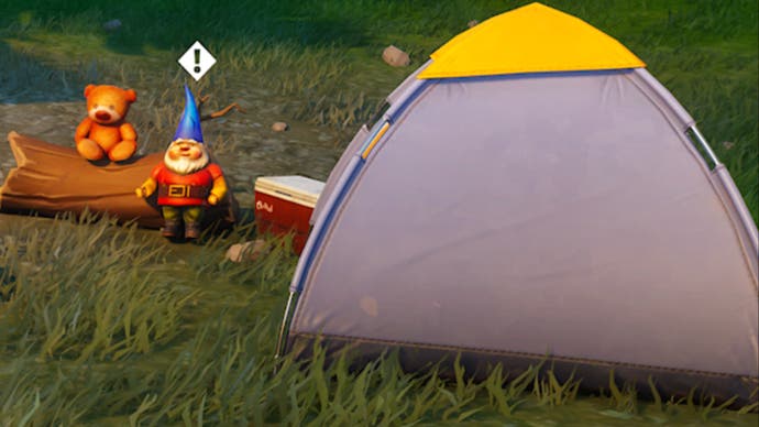 fortnite og pleasant park hidden gnome and bear by tent