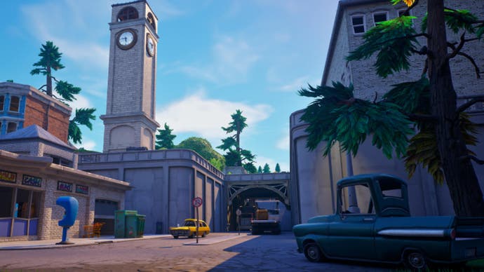 Fortnite OG official Epic Games artwork of tilted towers poi showing a street, with a car on the right and a tall clocktower in the background on the left.