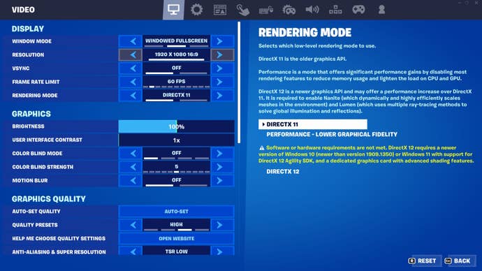 Fortnite PC Settings page