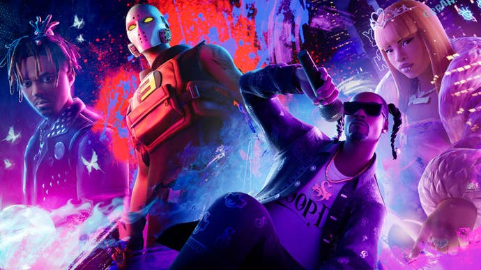 Fortnite key art showing models of Juice Wrld, Eminem, Snoop Dogg, and Ice Spice.