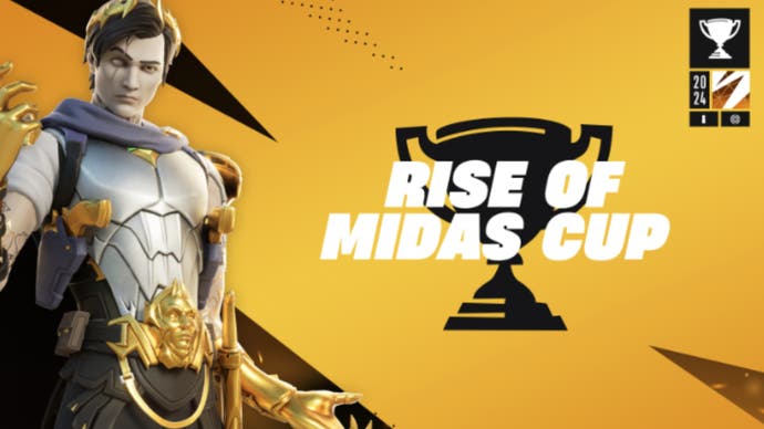 An image of Midas in fortnite on the left and a large Rise of Midas Cup sign in the middle.