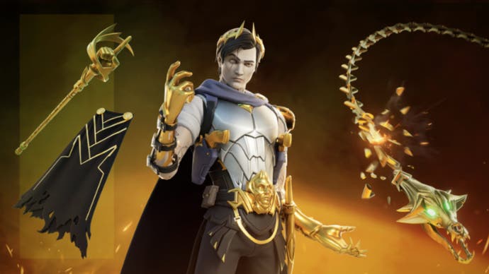 Official Epic Games image showing Midas alongside a cape and chains of hades in the background.