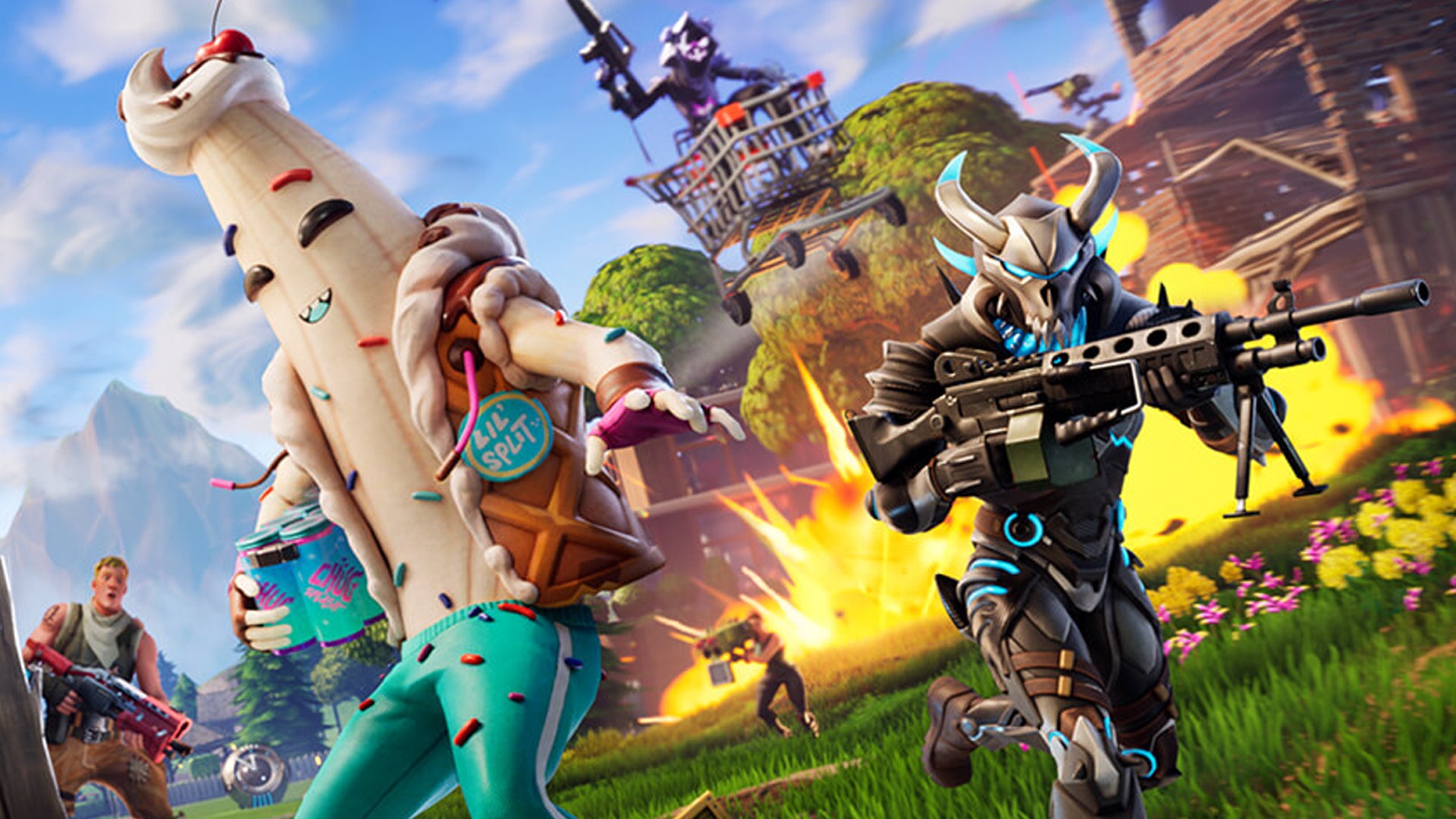 Characters including Peely and someone riding a shopping cart in artwork for Fortnite's Season OG - 1