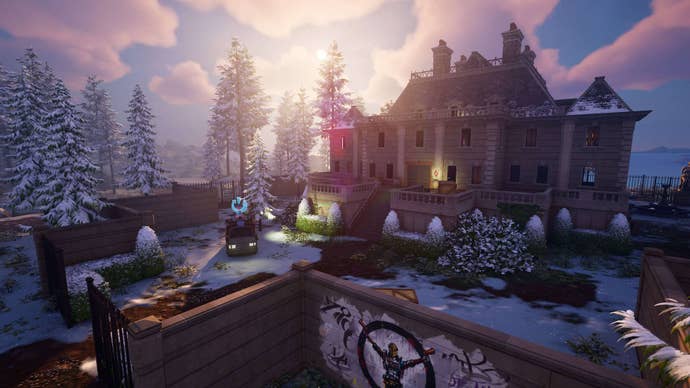 A mansion in the snow in Fortnite with some graffiti on the wall outside and lots of snowy trees.