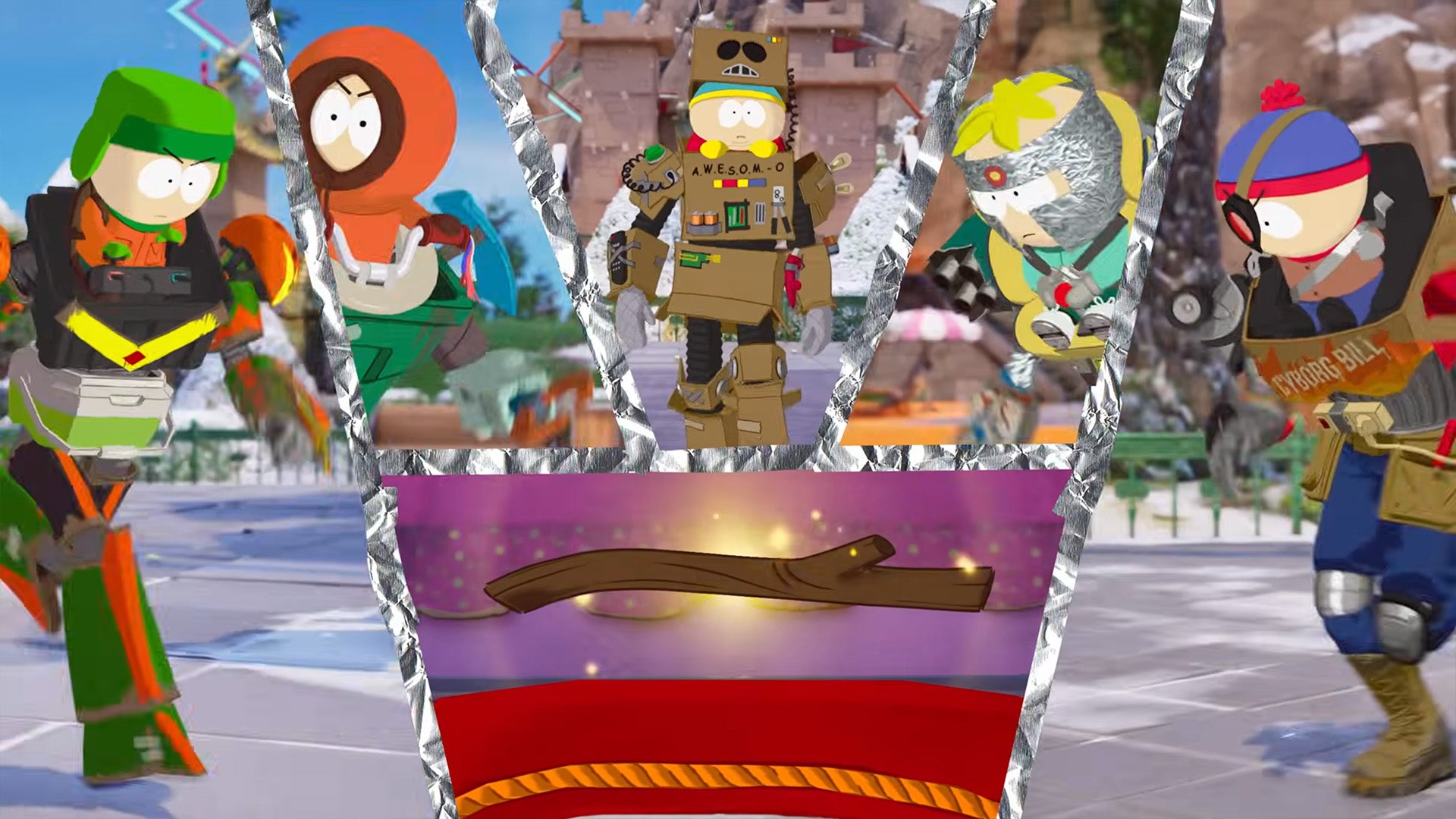 The main characters of South Park, and Butters, all piloting makeshift robot bodies in Fortnite, heading after the stick of truth. - 1
