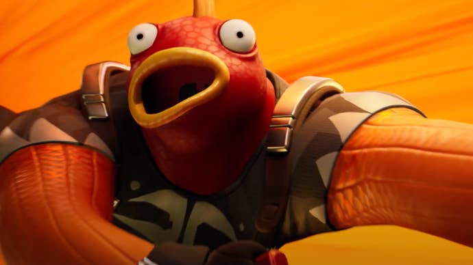 A still from Fortnite’s Season 4 Chapter 4 trailer showing an extremely buff Fishsticks hurtling passed the camera with a surprised look on their face.