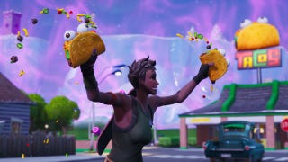 A man runs through Fortnite holding up tacos