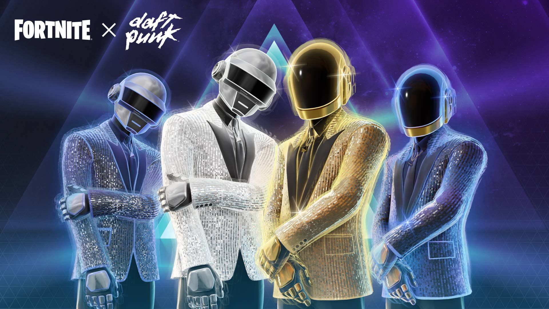 Imagem promocional de Fortnite mostrando várias figuras em roupas de discoteca brilhante com cabeças de capacete