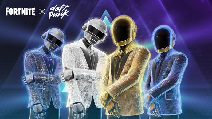 Fortnite promotional image showing multiple figures in glittery disco outfits with helmet heads