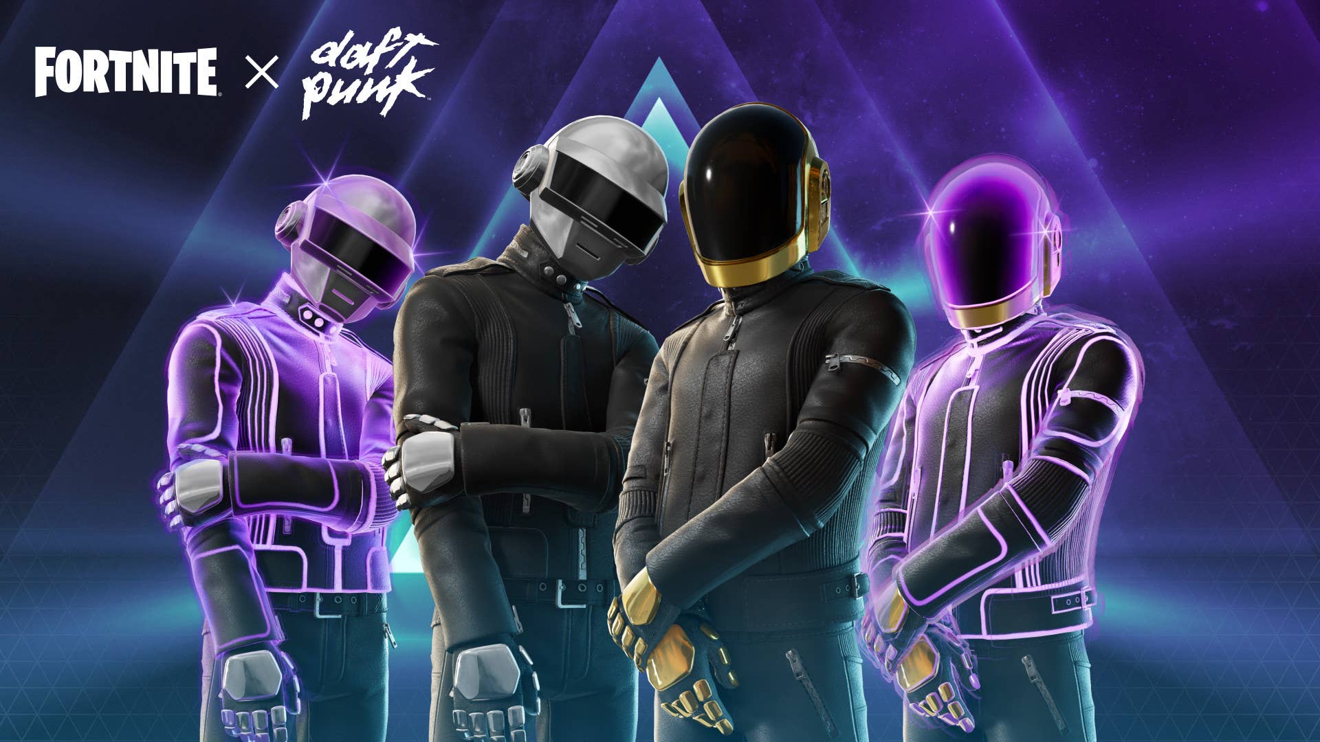 Imagem promocional Fortnite mostrando várias figuras em roupas pretas e neon com cabeças de capacete