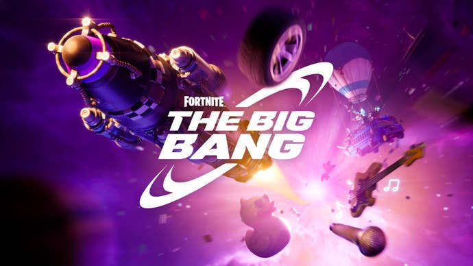 Fortnite’s The Big Bang event artwork shows the game’s original rocket flanked by a car wheel, an electric guitar and a Lego llama, hinting at future modes coming to the game.
