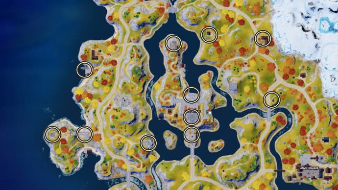 Fortnite, a map view of The Citadel area with all possible chest locations marked.