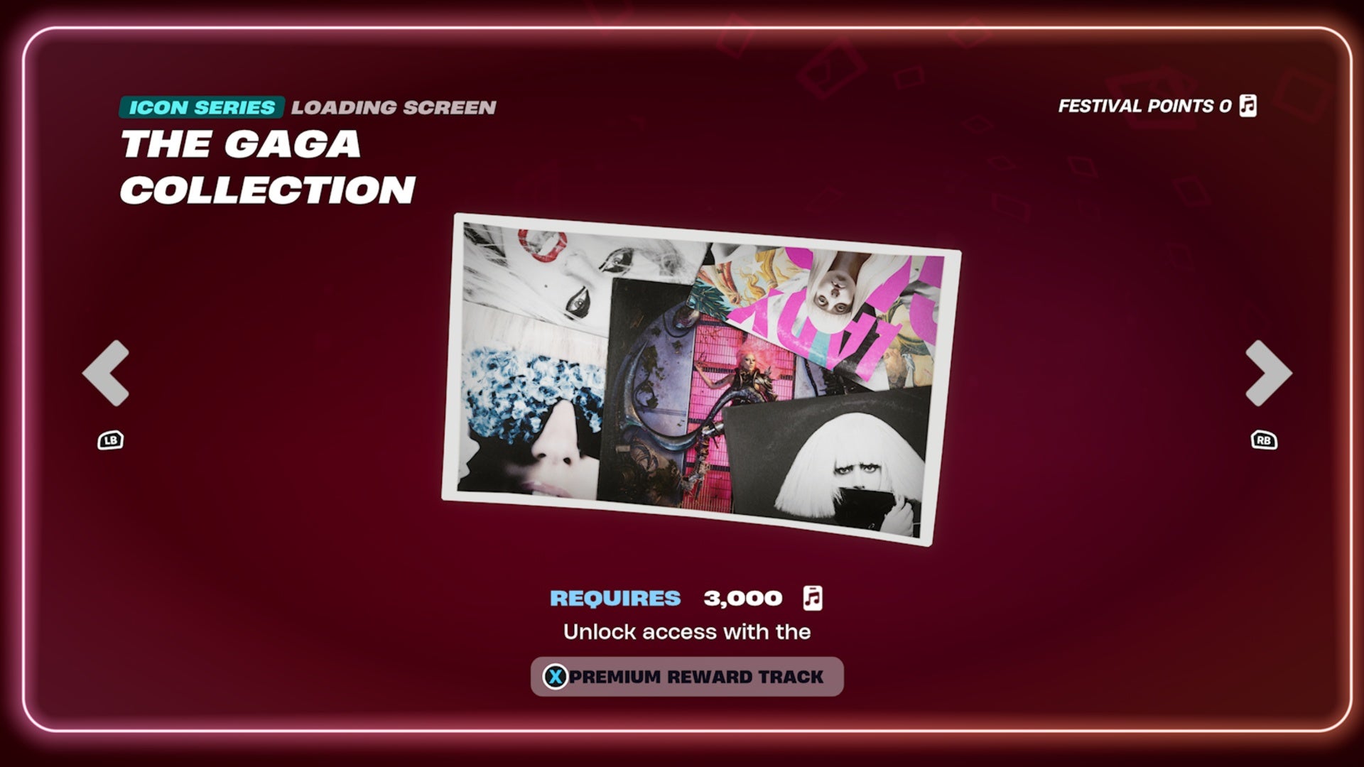 A loading screen filled with images of lady gaga sits on a deep red background.