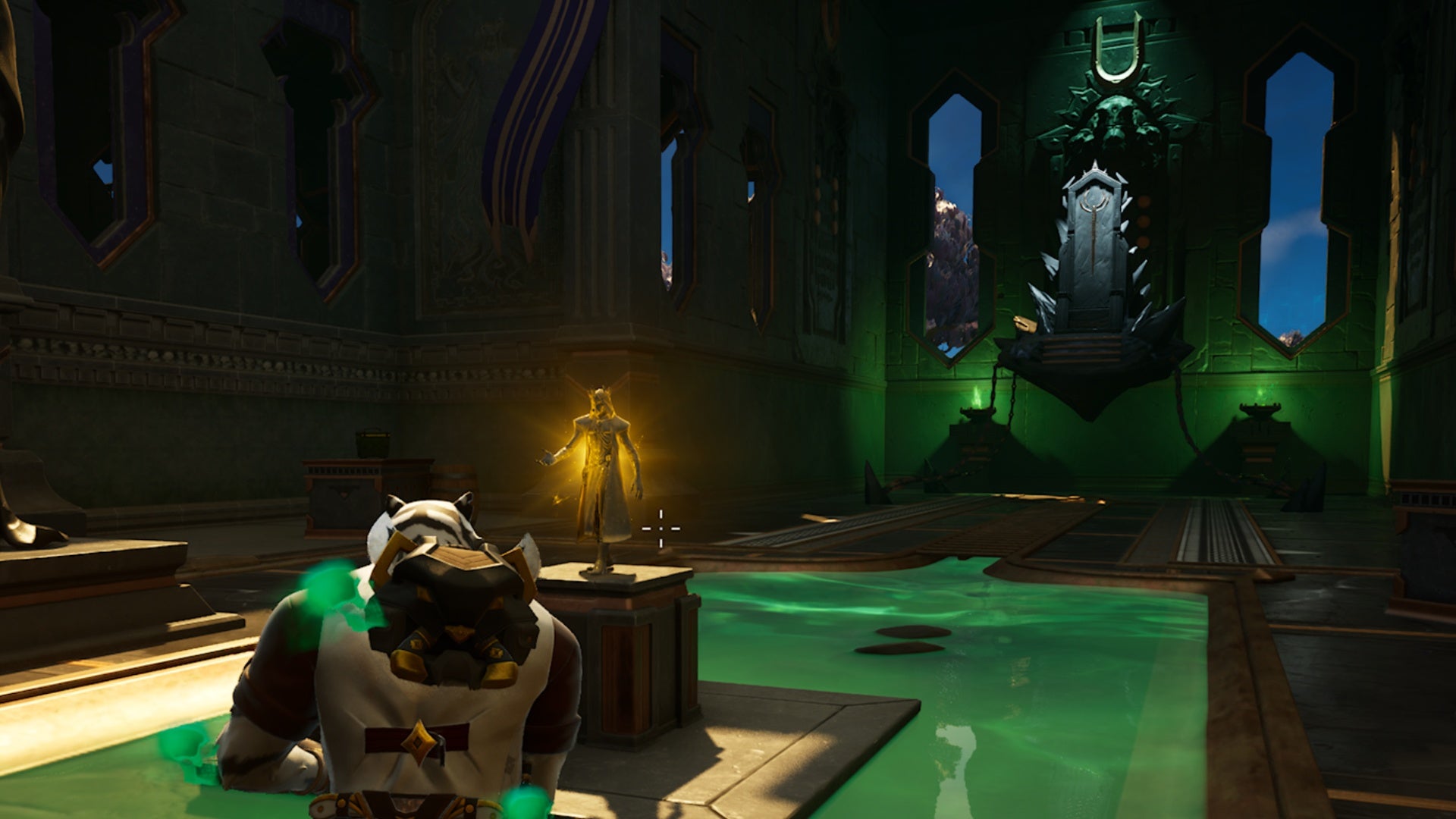 fortnite tiger player approaching hades god gold statue