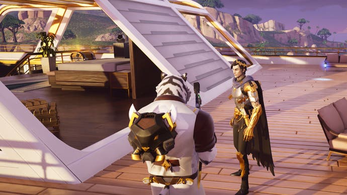 Fortnite Tiger player facing Midas on the upper deck of the Great Marigold Yacht