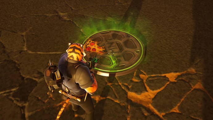 fortnite a tiger is looking down at the tmnt sewer pipe entrance