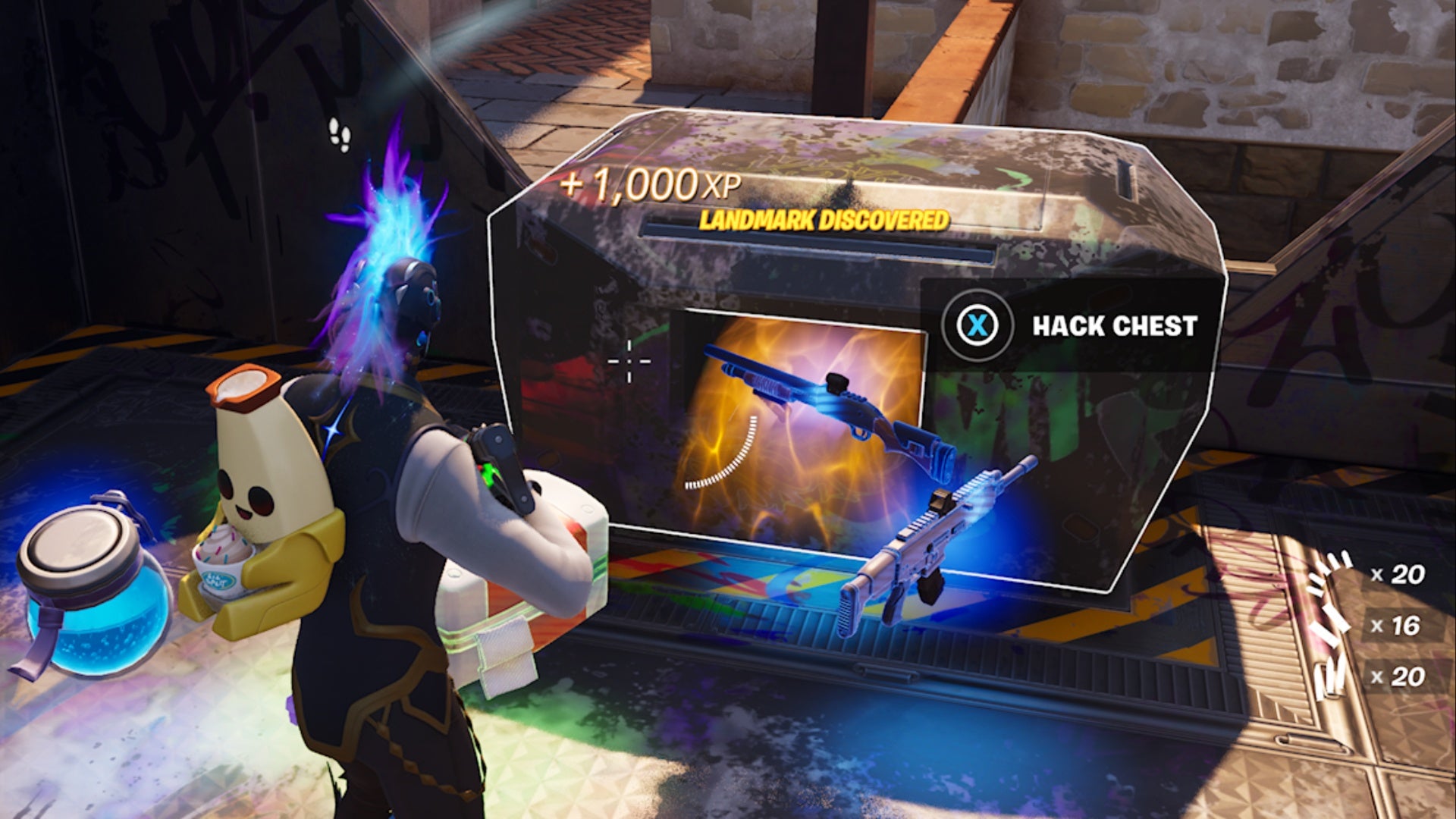 fortnite underground train chest open with gold and purple tier guns beside it.