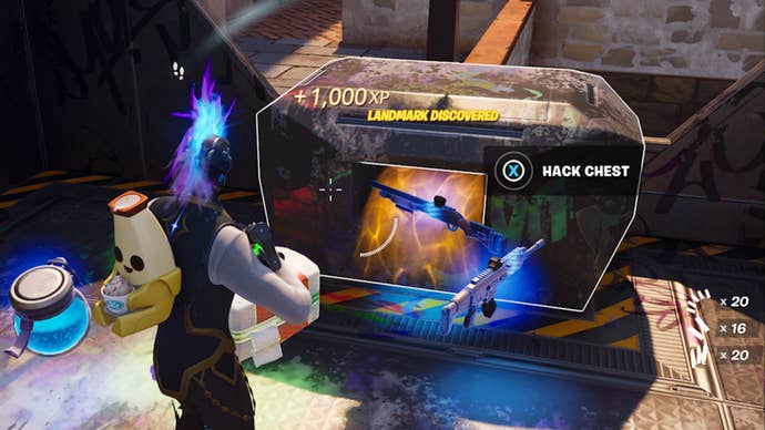 fortnite underground train chest open with gold and purple tier guns beside it.