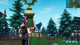 Fortnite: dance in front of a bat statue, in a way-above ground pool and on a seat for giants