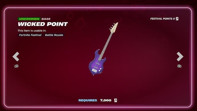 A purple bass guitar called wicked point sits on a deep red background.