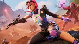 A pink-haired Fortnite character sits atop a vehicle and fires a Boom Bow at an enemy.