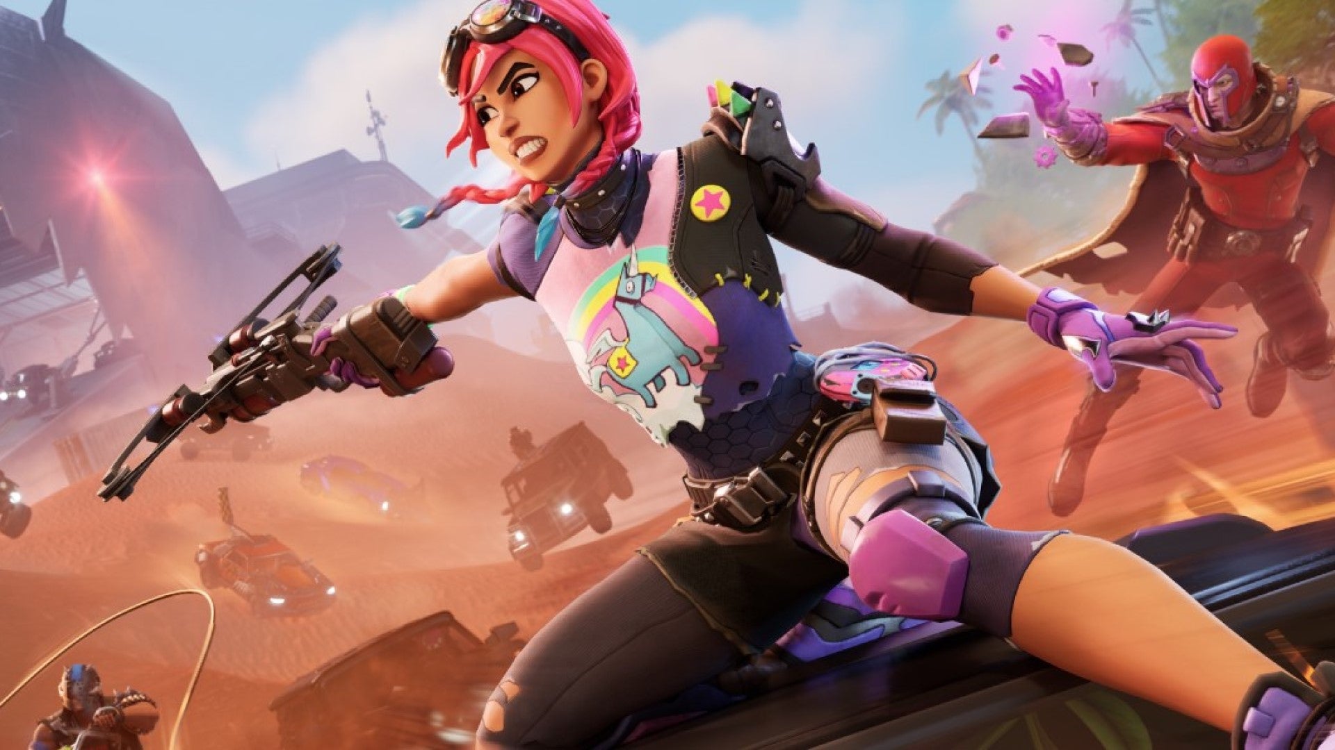 A pink-haired Fortnite character sits atop a vehicle and fires a Boom Bow at an enemy. - 1