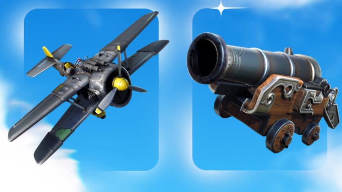 Fortnite, official Epic Games artwork - from left to right, X-4 Stormwing bi-plane and a rustic Pirate Cannon.