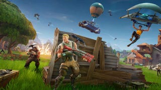 Fortnite loading screen showing battlefield chaos including gliders and guns