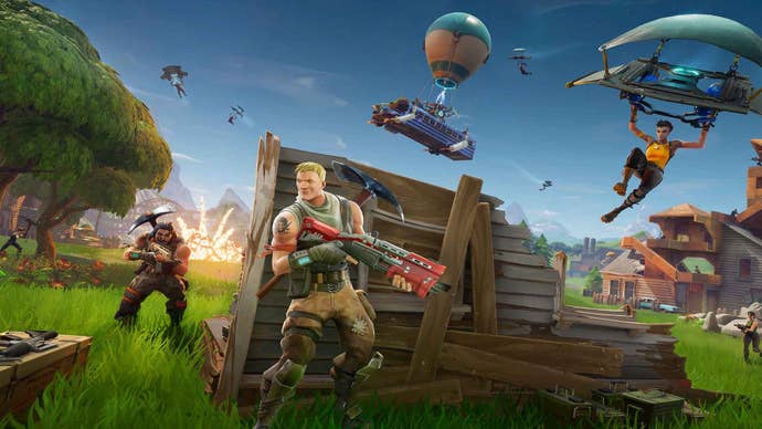 Fortnite loading screen showing battlefield chaos including gliders and guns