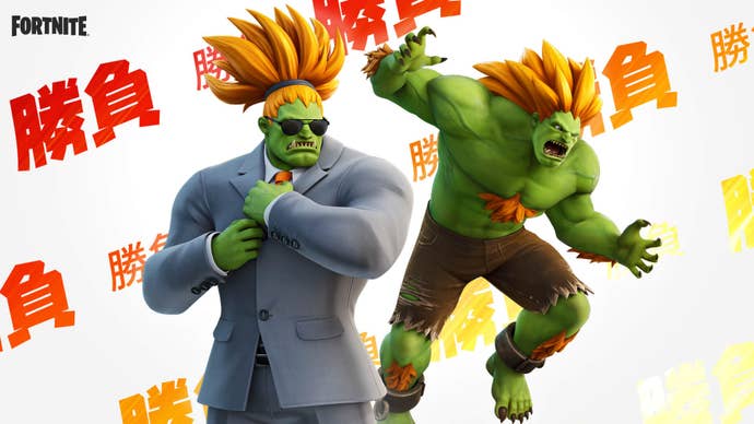 Blanka from Street Fighter in a business suit and shades, available in Fortnite.