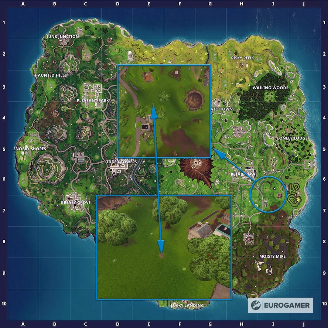 Fortnite Schatz Suche zwischen einem Bär, einem Krater und einer