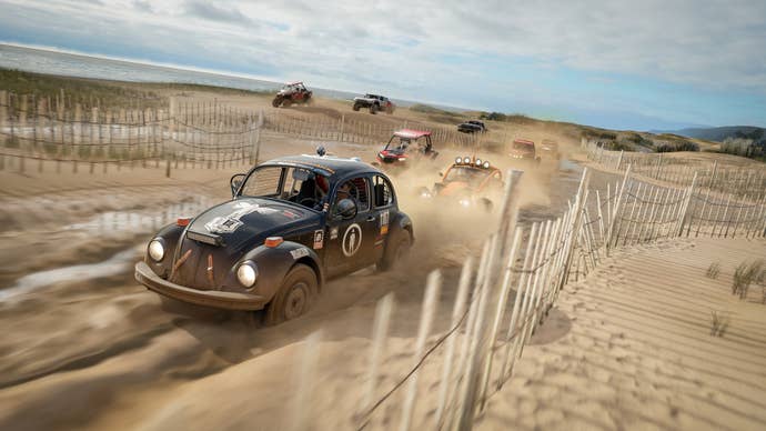 Some cars racing off-road in Forza Horizon 4.