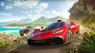 Forza Horizon 5's new cover art, featuring a Corvette sports car and a Ford Bronco against a summery background of beach and jungle.