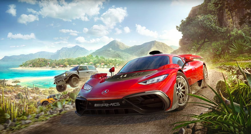 Forza Horizon 5’s new cover art, featuring a Corvette sports car and a Ford Bronco against a summery background of beach and jungle.