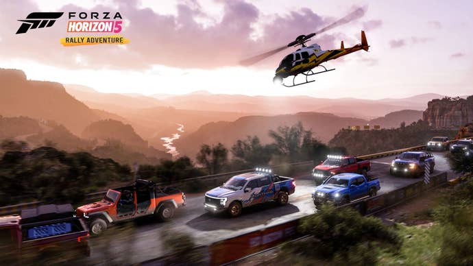 Cars and a helicopter in Forza Horizon 5’s Rally Adventure expansion.