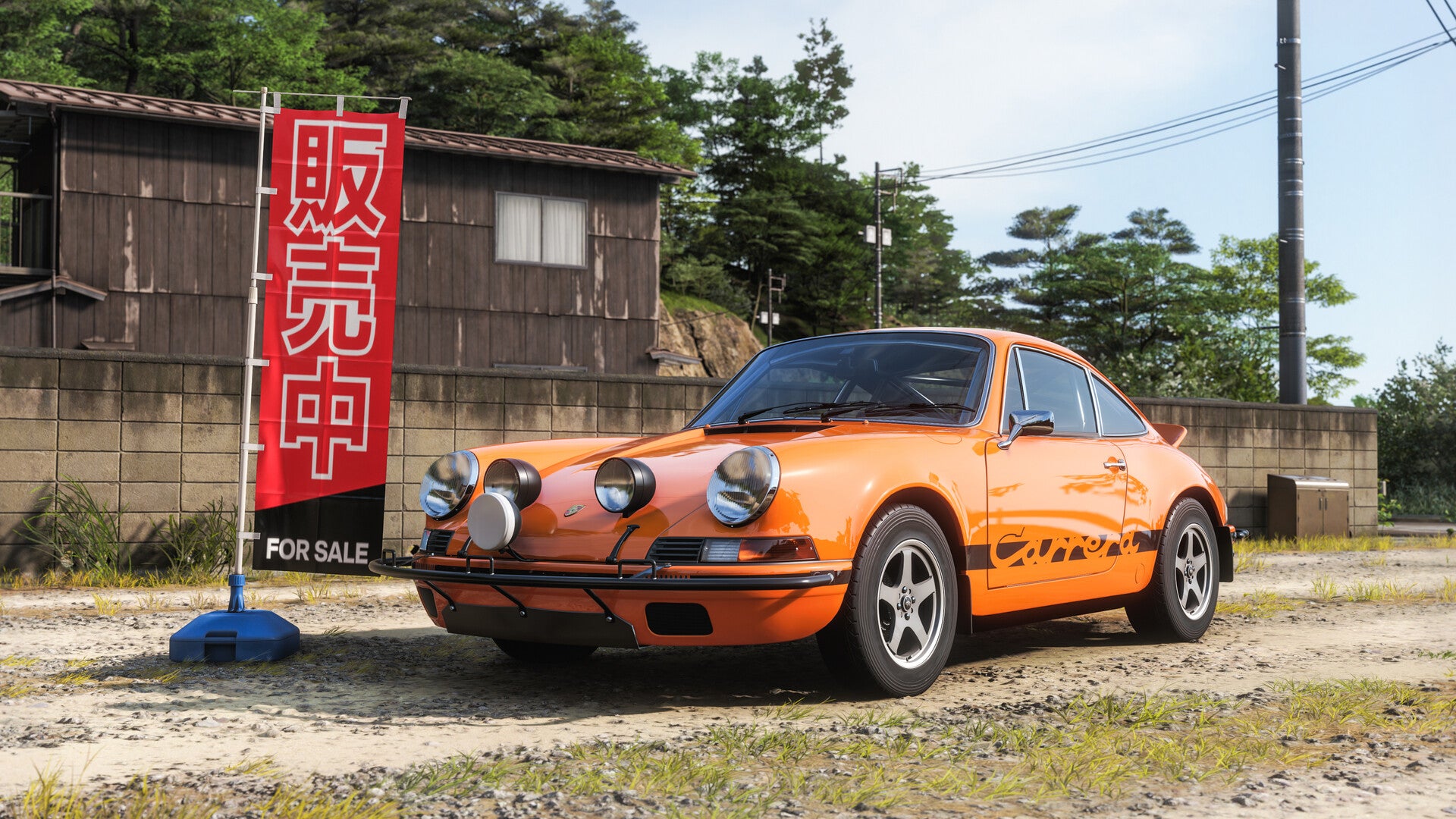 Official Forza Horizon 6 screenshot showing an orange retro Porche with racing modifications by a red Japanese flag
