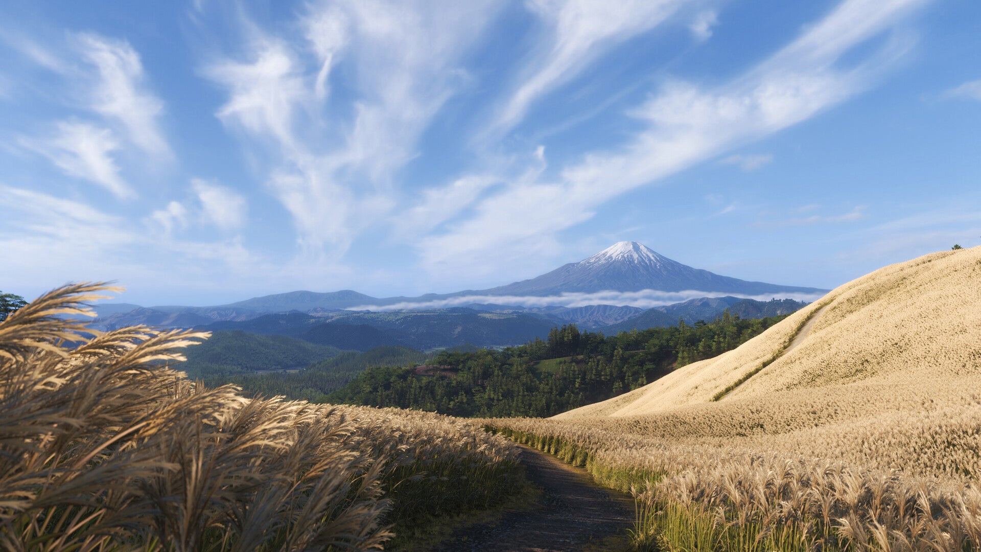 Official Forza Horizon 6 screenshot showing a distant Mt Fuji, with a road leading into fields of tall yellow grass and valleys in the foreground