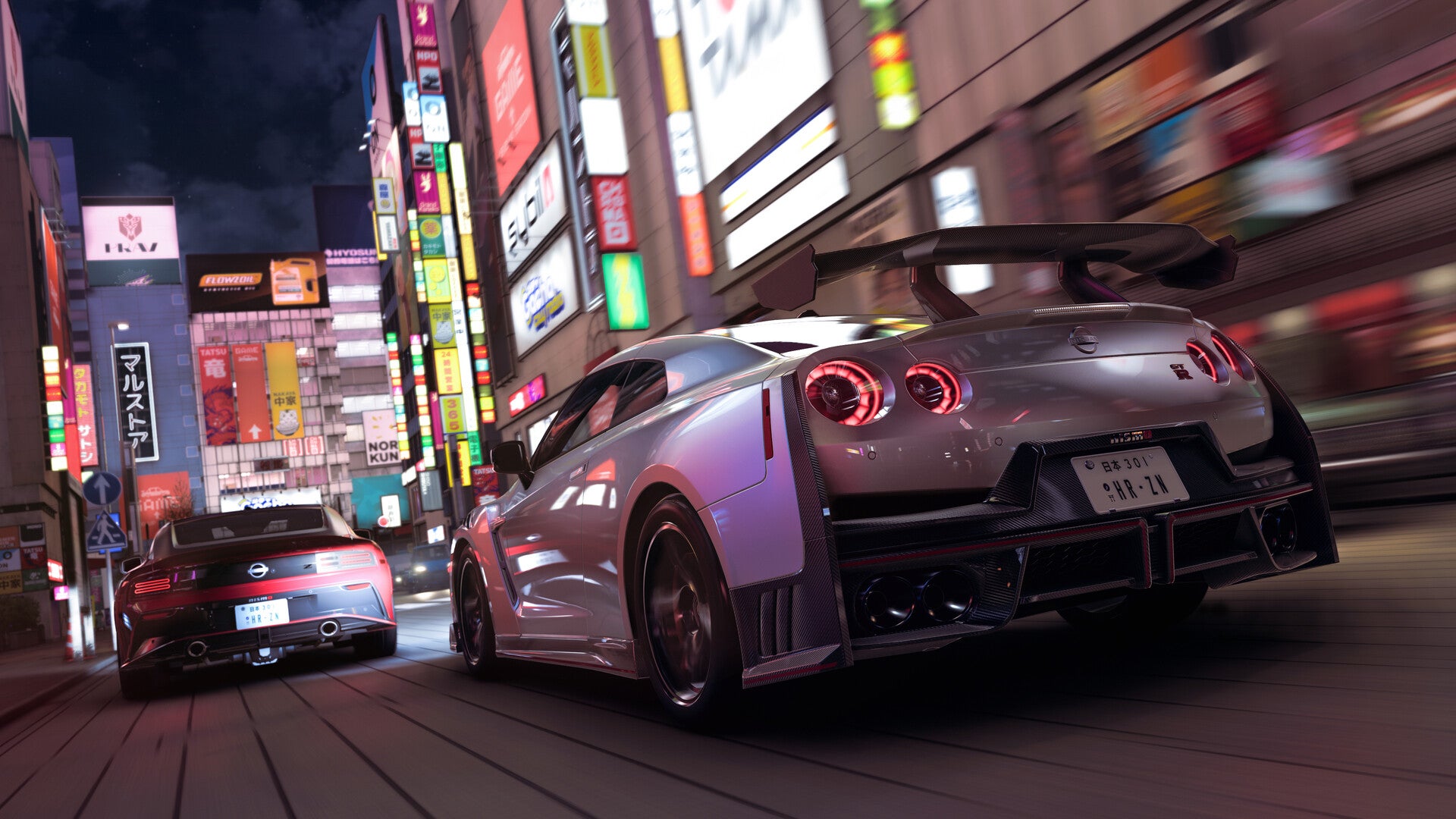 Official Forza Horizon 6 screenshot showing a car with spoiler racing away from the camera in a Shinjuku-like city street