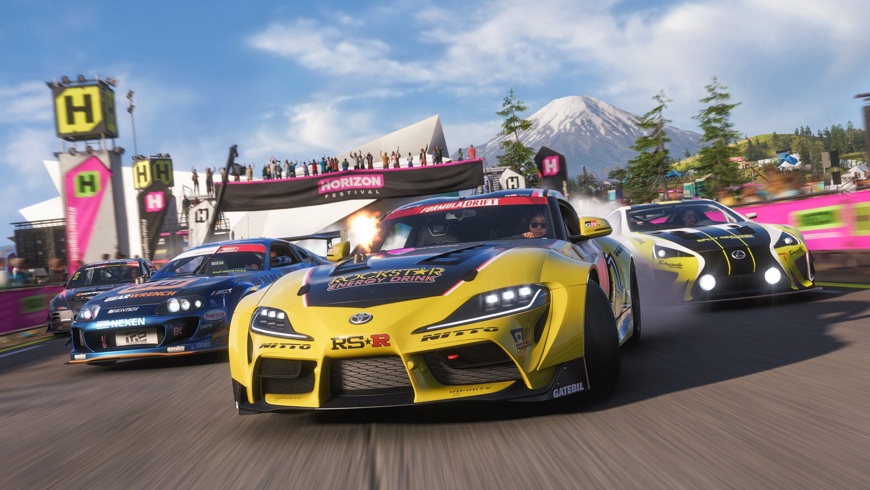 Official Forza Horizon 6 screenshot showing several cars almost neck-and-neck racing towards the camera