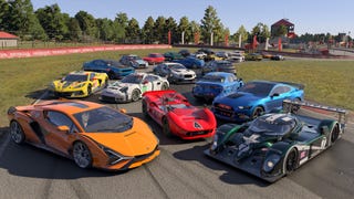 Multiple sports cars from Forza Motorsport 2023 arranged on a track.